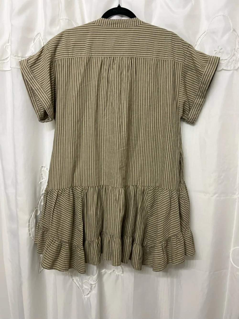 Free People NWOT Stripe Babydoll Mini Dress Tan Gray Linen Blend Oversized Small